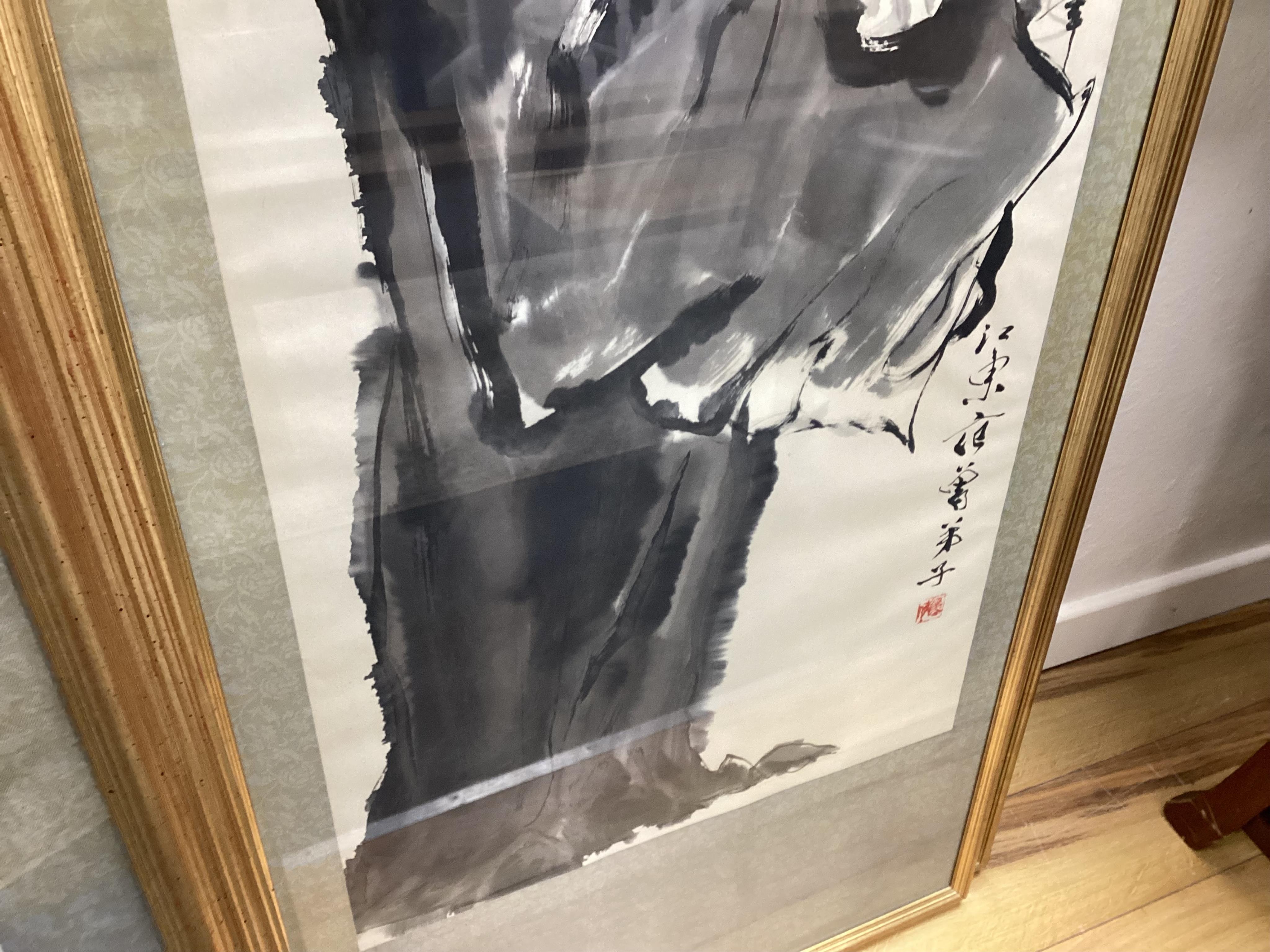 Contemporary, Japanese School, set of four figural scroll prints, with character and red seal marks, 94 x 51cm, framed